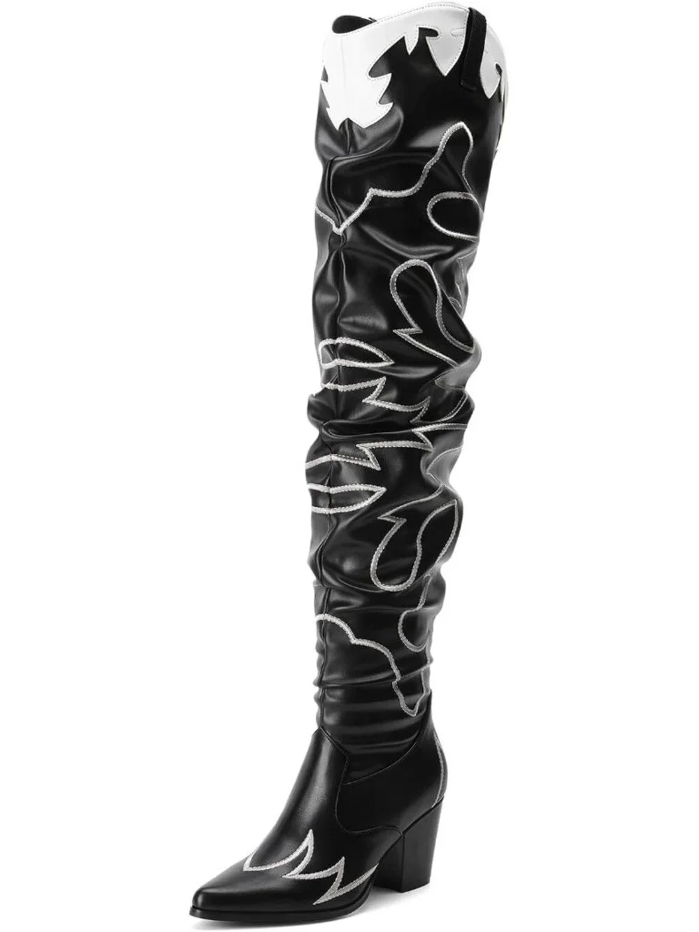 Women's Black Faux Leather Embroidery Slouchy Shaft Chunky Heel Knee High Boots